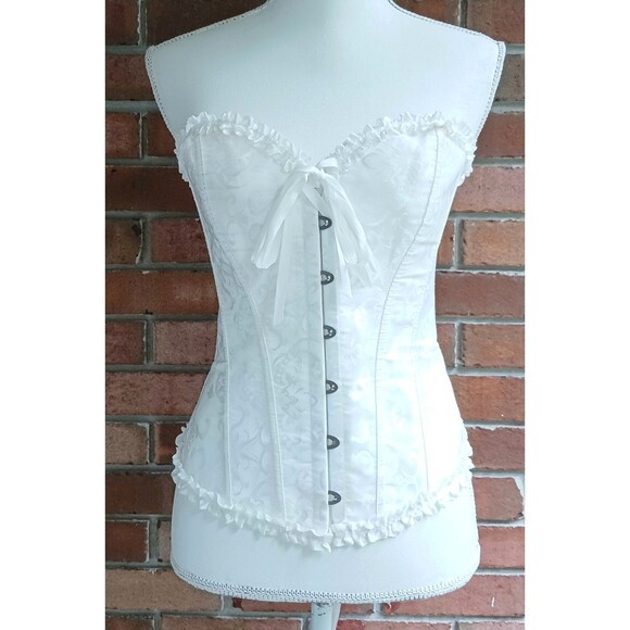 Corset White Floral Sateen Lace Up Back Hooked Closure Sz S - Picture 1 of 6
